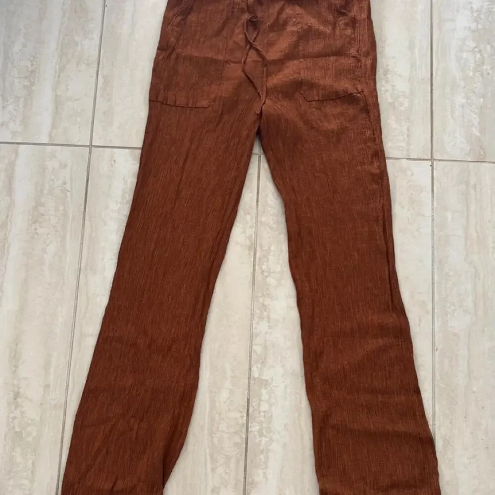 Zara brown linen pants with vertical ribbed texture Size S